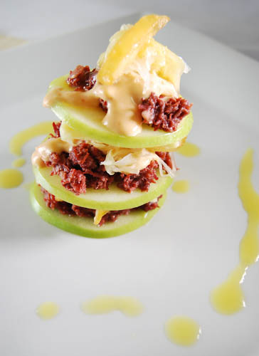 Rosti and Apple Stack Corned Beef with Apple Vinaigrette Dressing