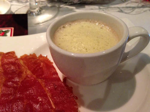 Espresso of Chestnut soup Anchor Maple Foam and Ham Flakes